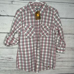 Carhartt Shirt Womens M(8-10) Pink Gray Plaid 3/4 Sleeve Button Up Outdoor‎